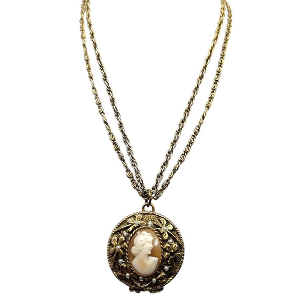 Goldette Signed Vintage Long Necklace And Shell Locket Cameo Pendant 28”